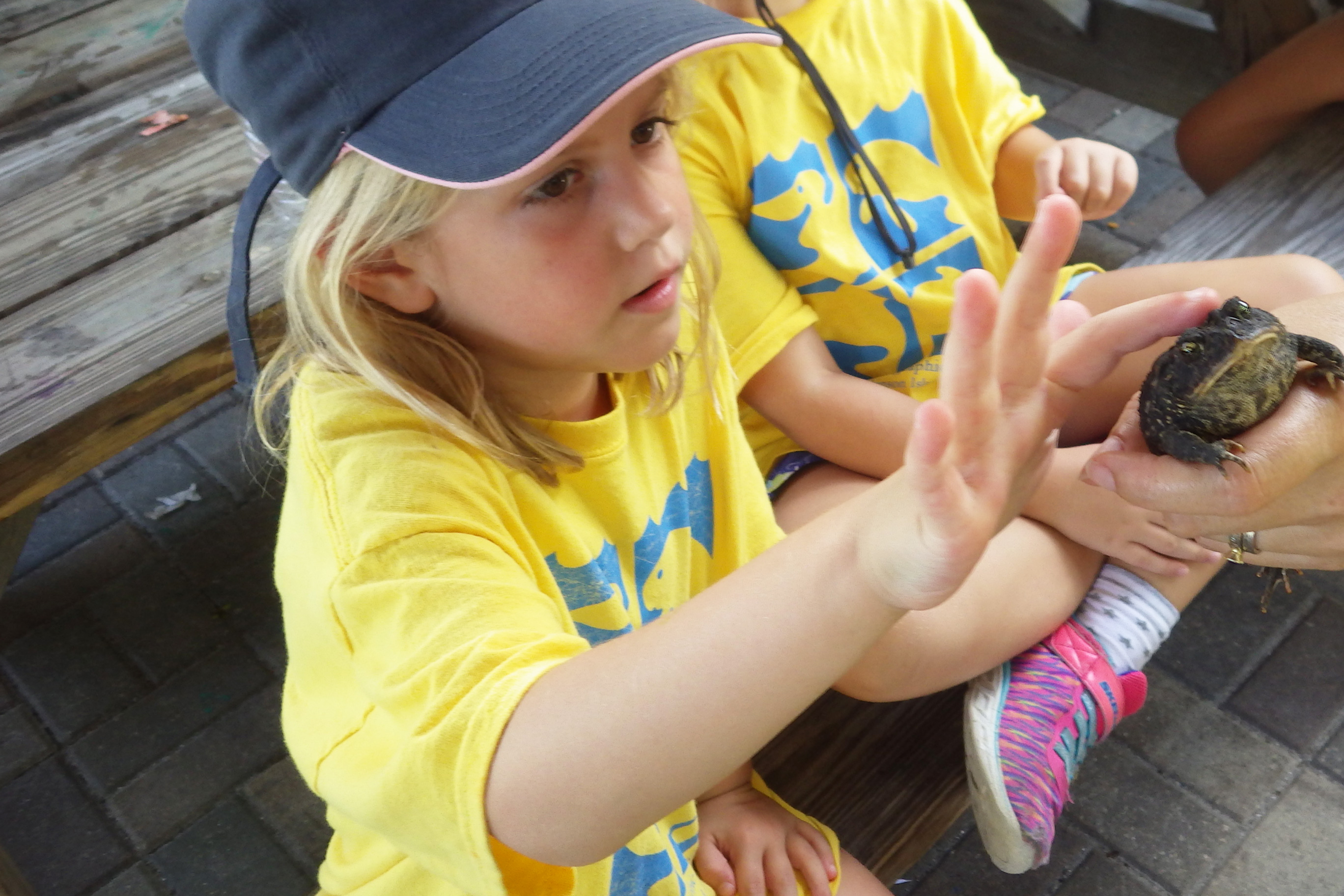 summer camper touching a toad