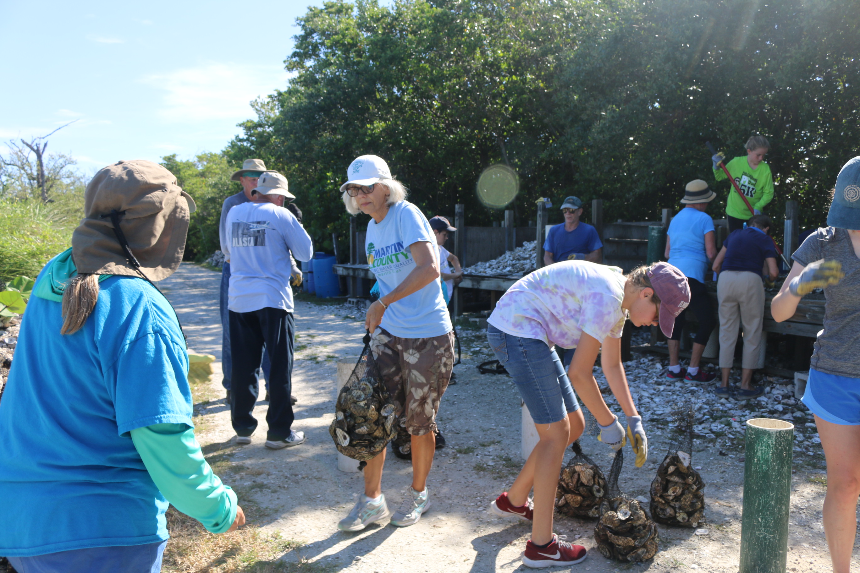 volunteers bagging oyster shell 