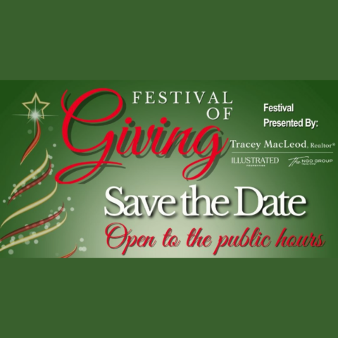 festival of giving in red over green background with christmas tree
