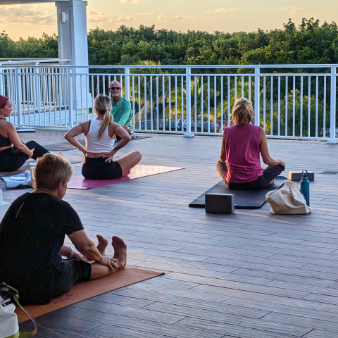 people practicing yoga at sunset